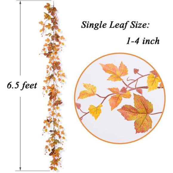 2Pack Fall Maple Leaf Garland -6.5ft/Piece ArtificialFall Foliage Garland Autumn - Picture 4 of 7